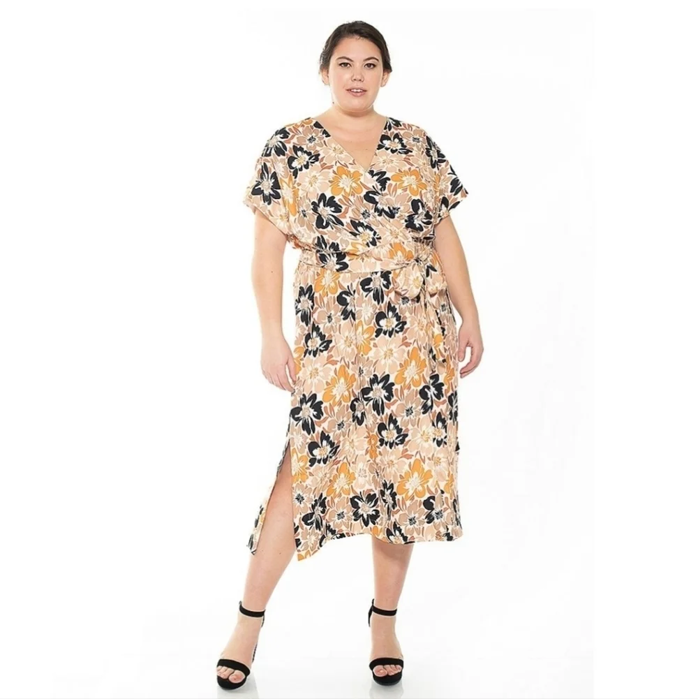 ALEXIA ADMOR | Iris Dolman Sleeve Faux-Wrap Dress in Beige Floral sz 3X